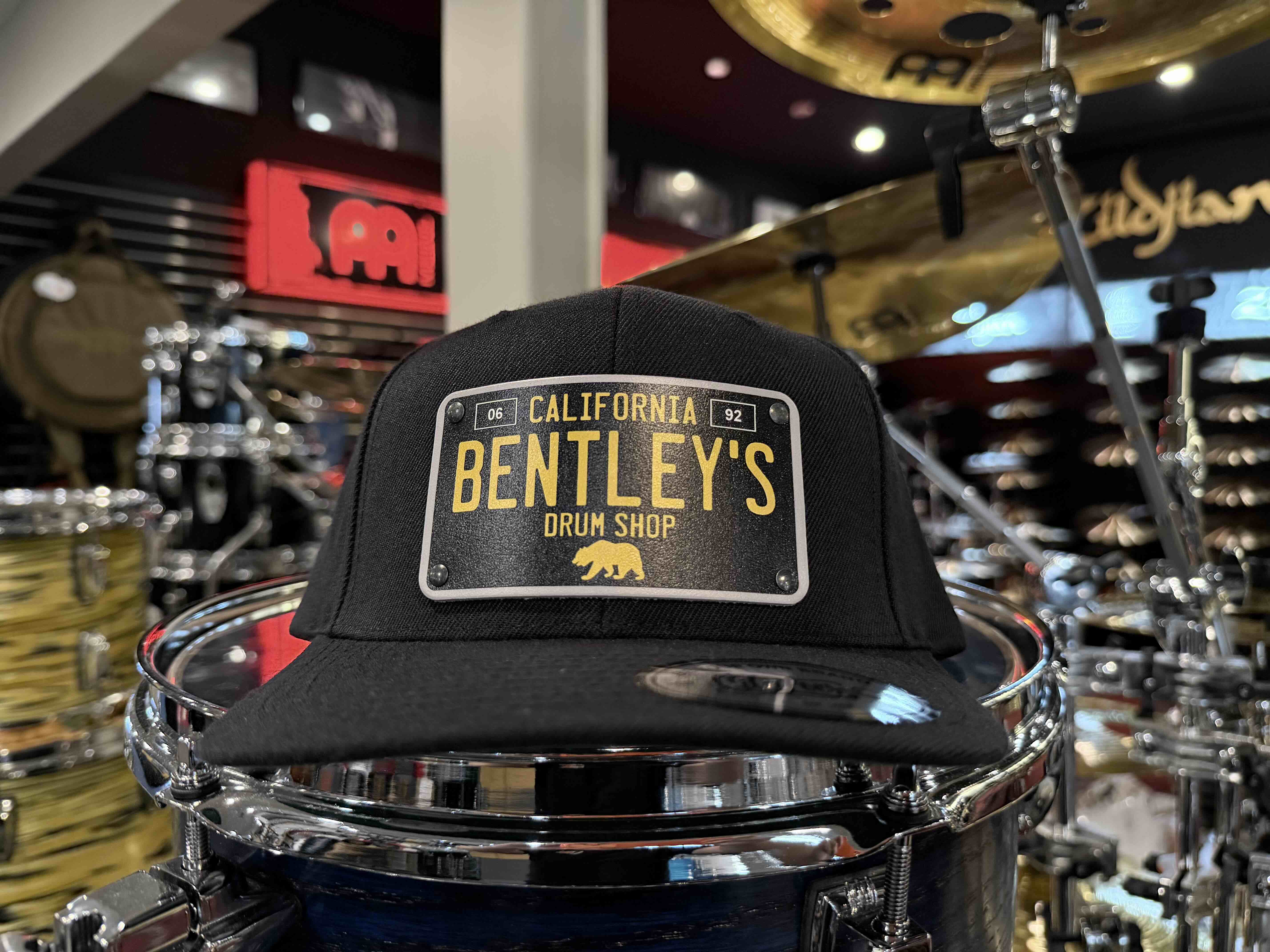 ~NEW~ Bentley's Drum Shop Clothback Snapback Hat in Black with Custom License Plate Badge